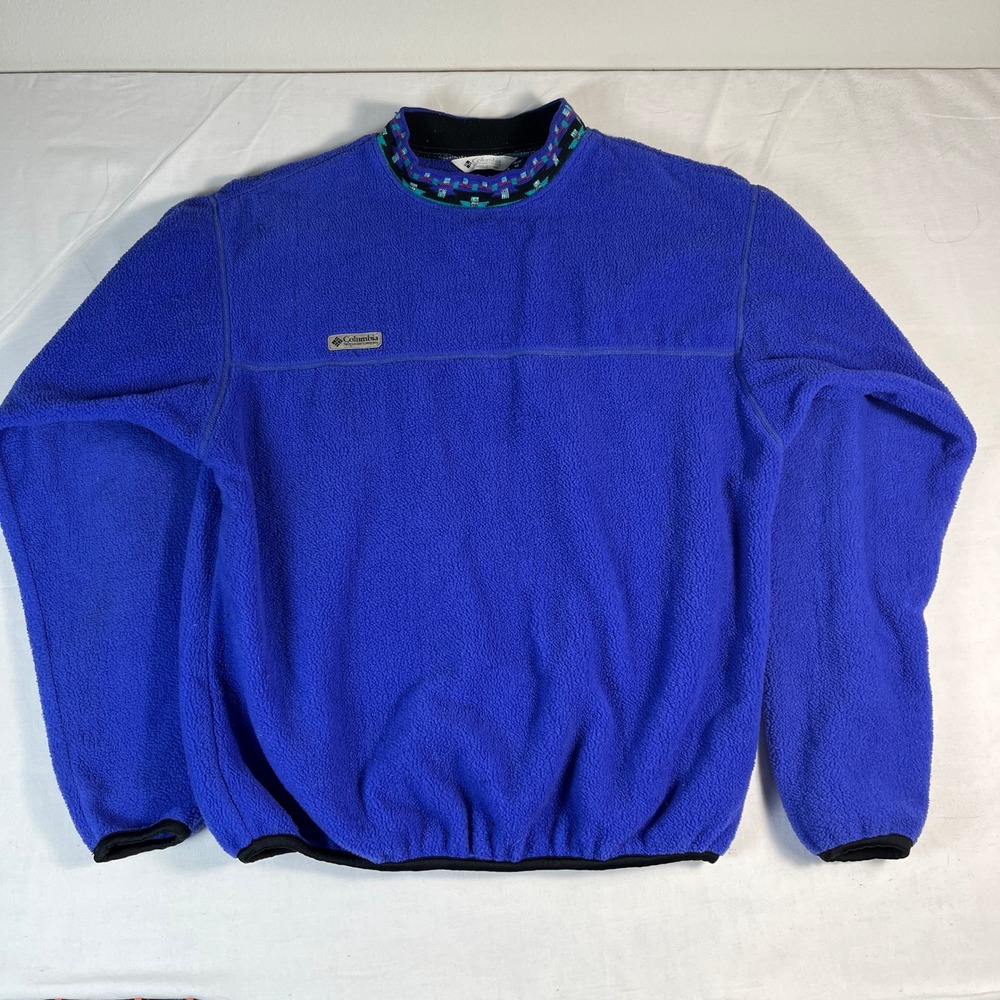 Columbia Fleece Pullover Mens M Blue Excellent Vintage Made In USA Mock Neck